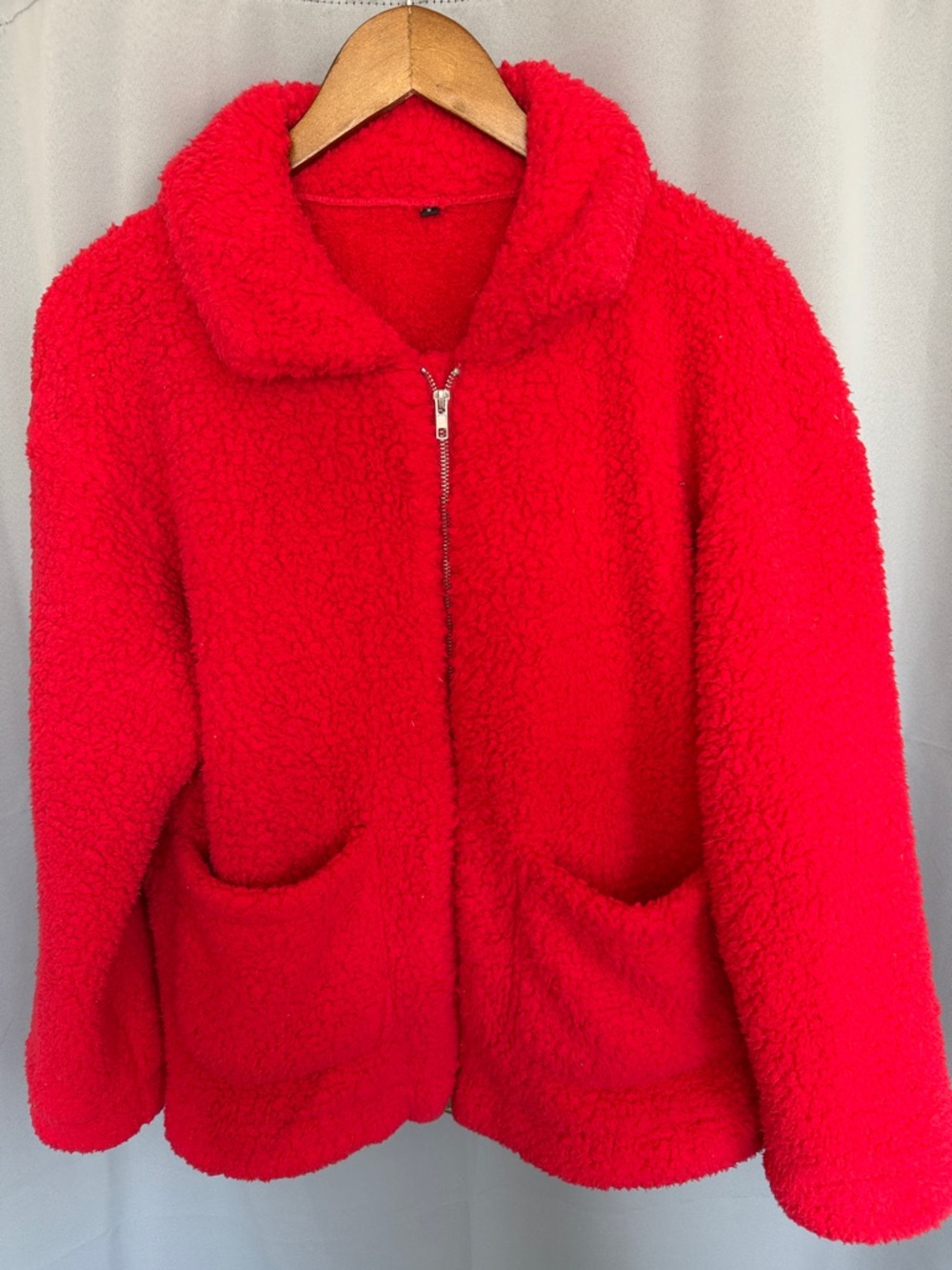 Red Teddy Jacket with Zip Front - Women's Cozy Coat Size S Oversized